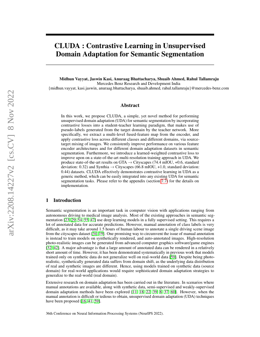 CLUDA：语义分割中无监督领域适应的对比学习