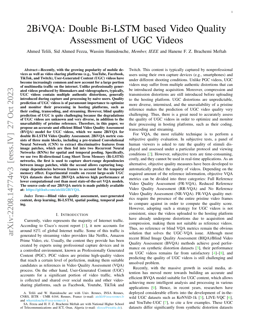 2BiVQA:基于双双向LSTM的UGC视频质量评估