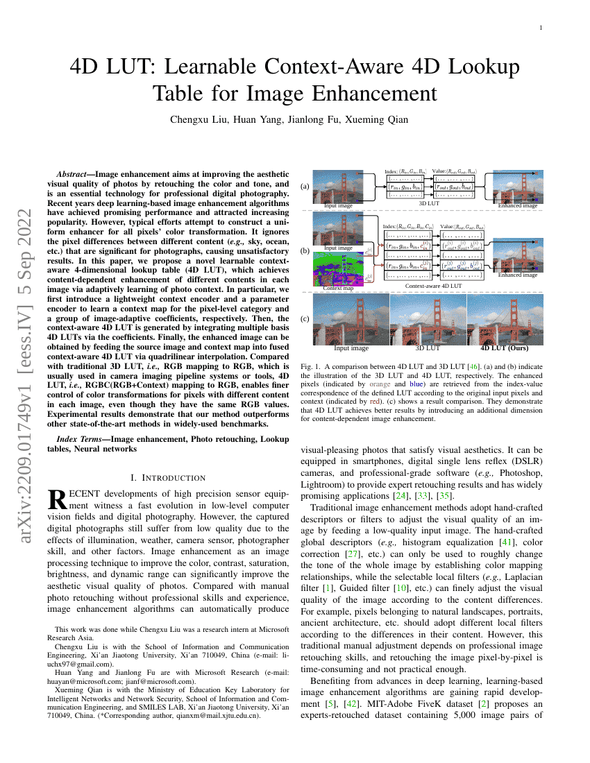 4D LUT:用于图像增强的可学习上下文感知4D查找表