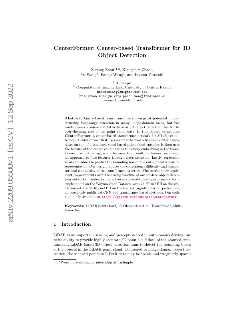CenterFormer:基于中心点的3D目标检测Transformer