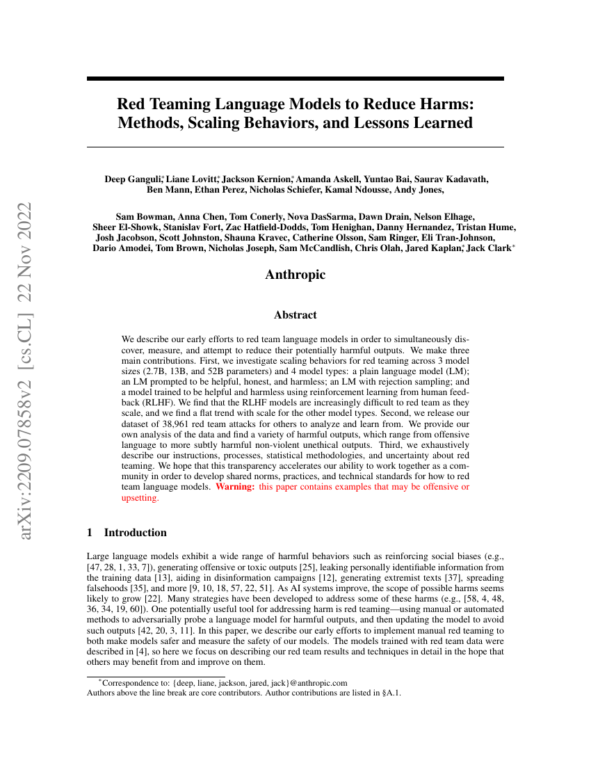 Red Teaming Language Models to Reduce Harms: Methods, Scaling Behaviors, and Lessons Learned