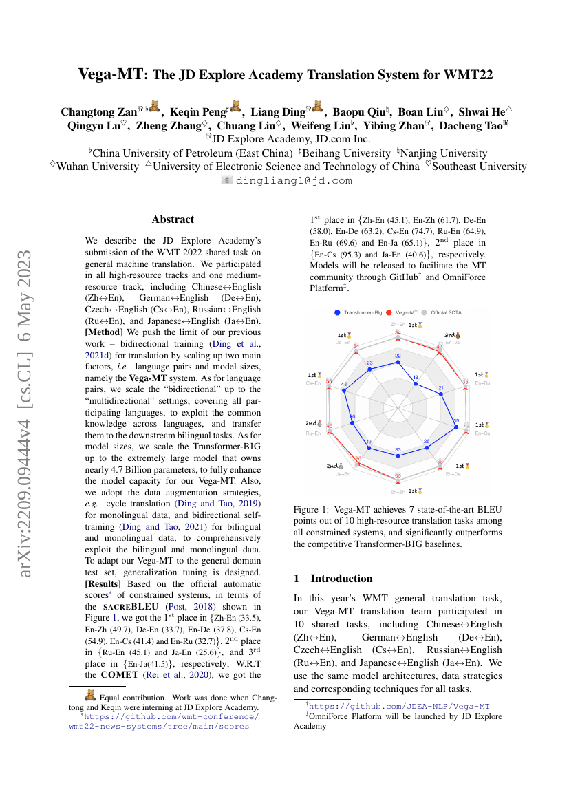 Vega-MT:JD探索学院在WMT22上的机器翻译系统
