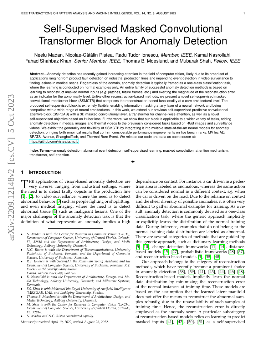 自监督掩码卷积Transformer模块用于异常检测