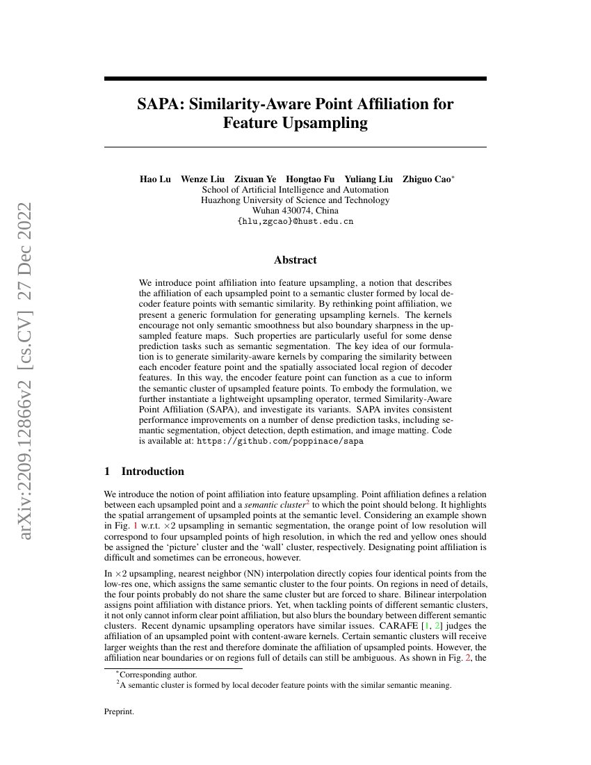 SAPA:具有相似性感知的点隶属关系用于特征上采样