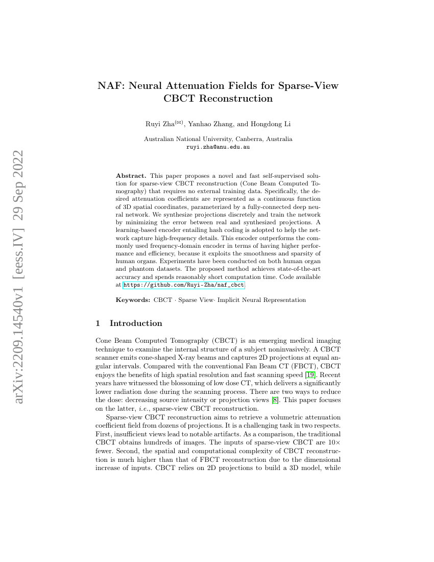 NAF:用于稀疏视图CBCT重建的神经衰减场