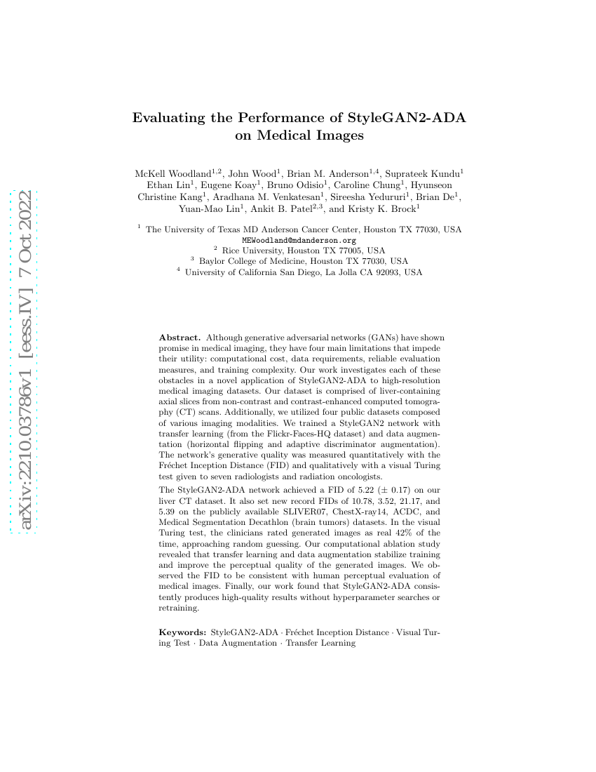 StyleGAN2-ADA 在医学图像上的性能评估