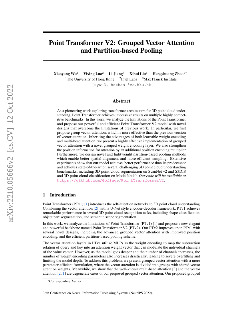 Point Transformer V2:分组向量注意力与基于划分的池化