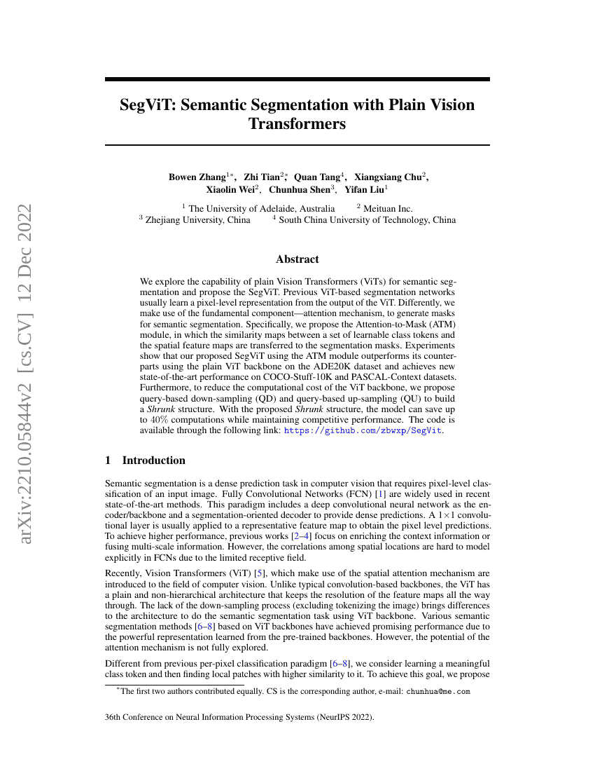 SegViT：基于普通视觉Transformer的语义分割