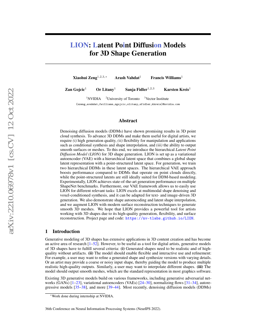 LION:用于3D形状生成的潜在点扩散模型