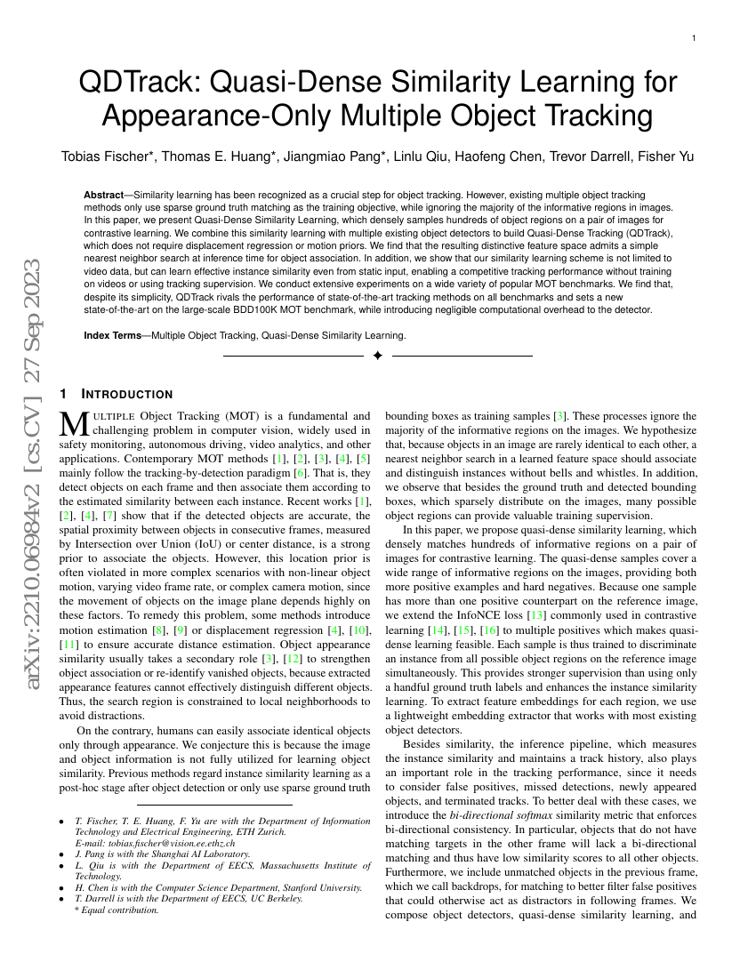 QDTrack:用于仅外观多目标跟踪的准稠密相似性学习