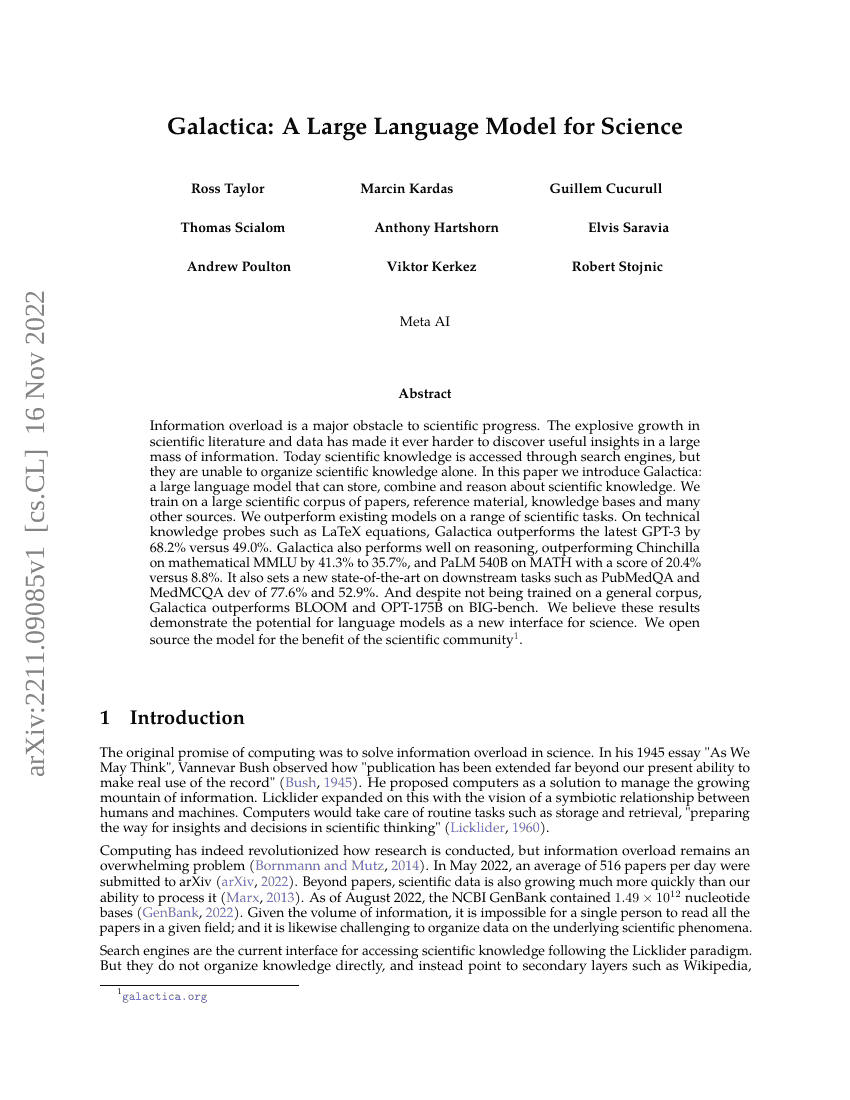 Galactica：用于科学的大型语言模型
