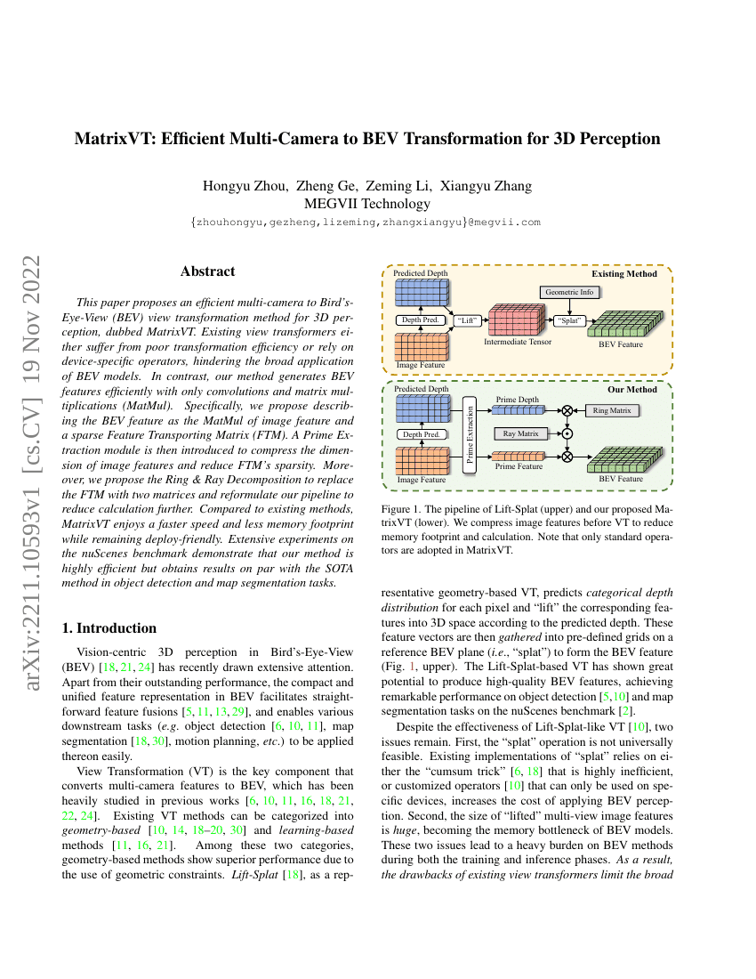 MatrixVT:高效的多相机到鸟瞰视图变换技术用于三维感知