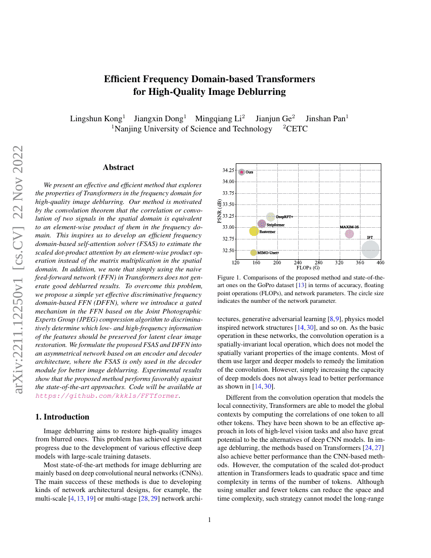 基于高效频域的Transformer用于高质量图像去模糊