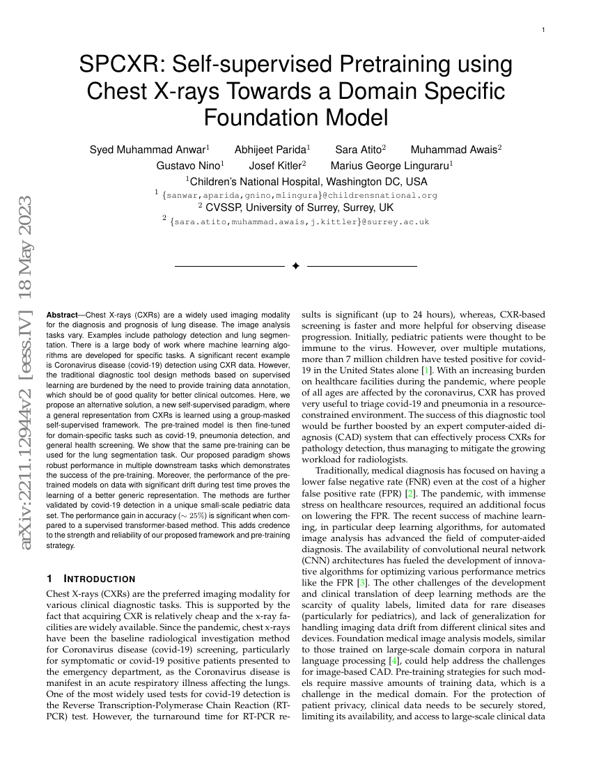 SPCXR：基于胸部X光片的自监督预训练以构建领域特定的基础模型