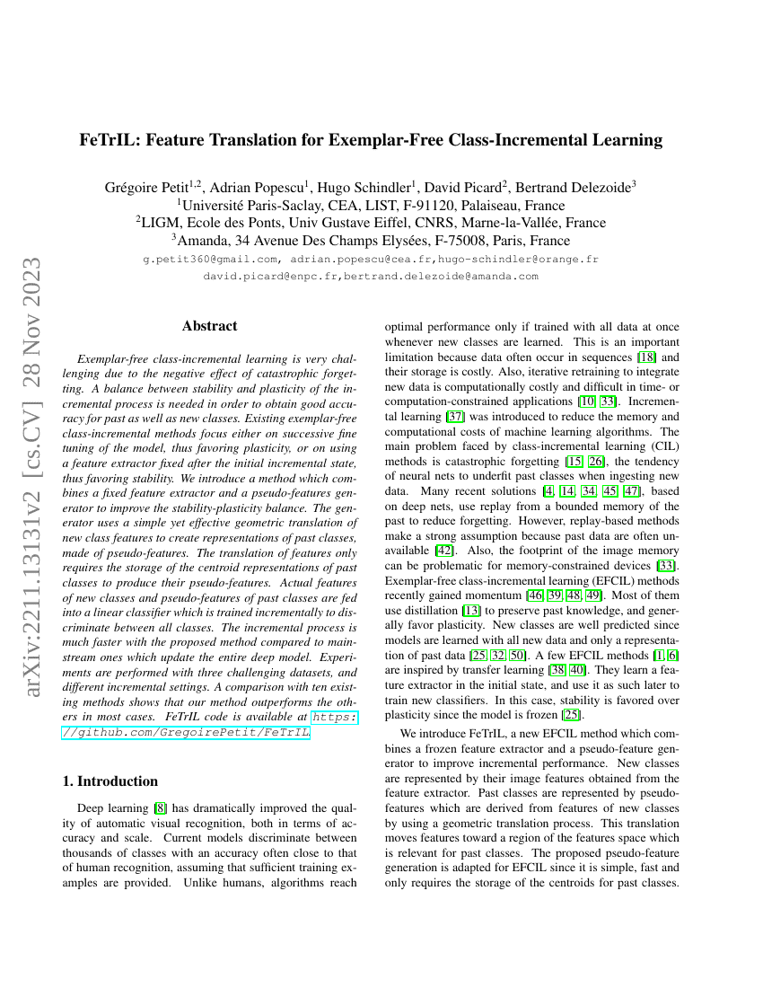FeTrIL:无样本类增量学习中的特征迁移