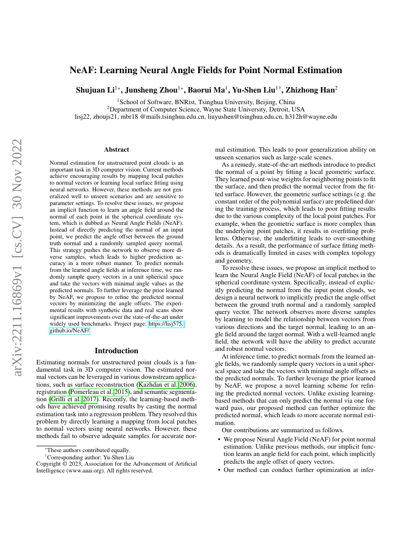NeAF:基于神经角度场的点法向估计学习