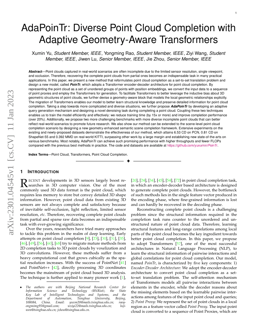 AdaPoinTr:基于自适应几何感知Transformer的多样化点云补全