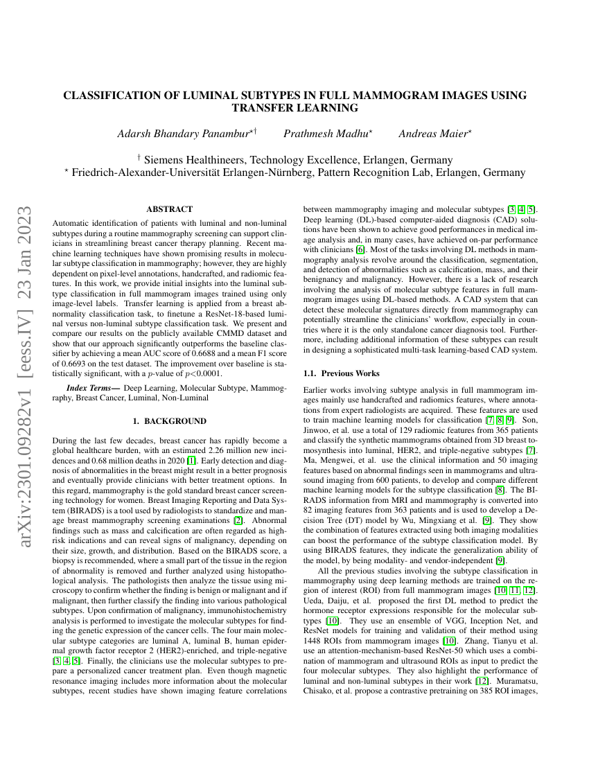 基于迁移学习的全幅乳腺摄影图像导管腔亚型分类