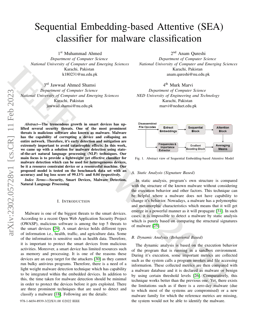 基于序列嵌入的注意力(Sequential Embedding-based Attentive, SEA)分类器用于恶意软件分类