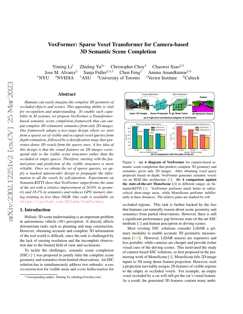 VoxFormer:基于相机的稀疏体素Transformer用于3D语义场景补全