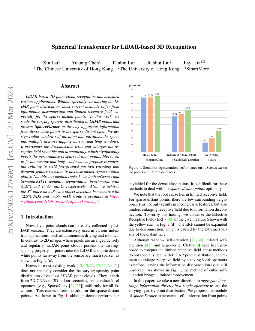 基于LiDAR的3D识别的球面Transformer