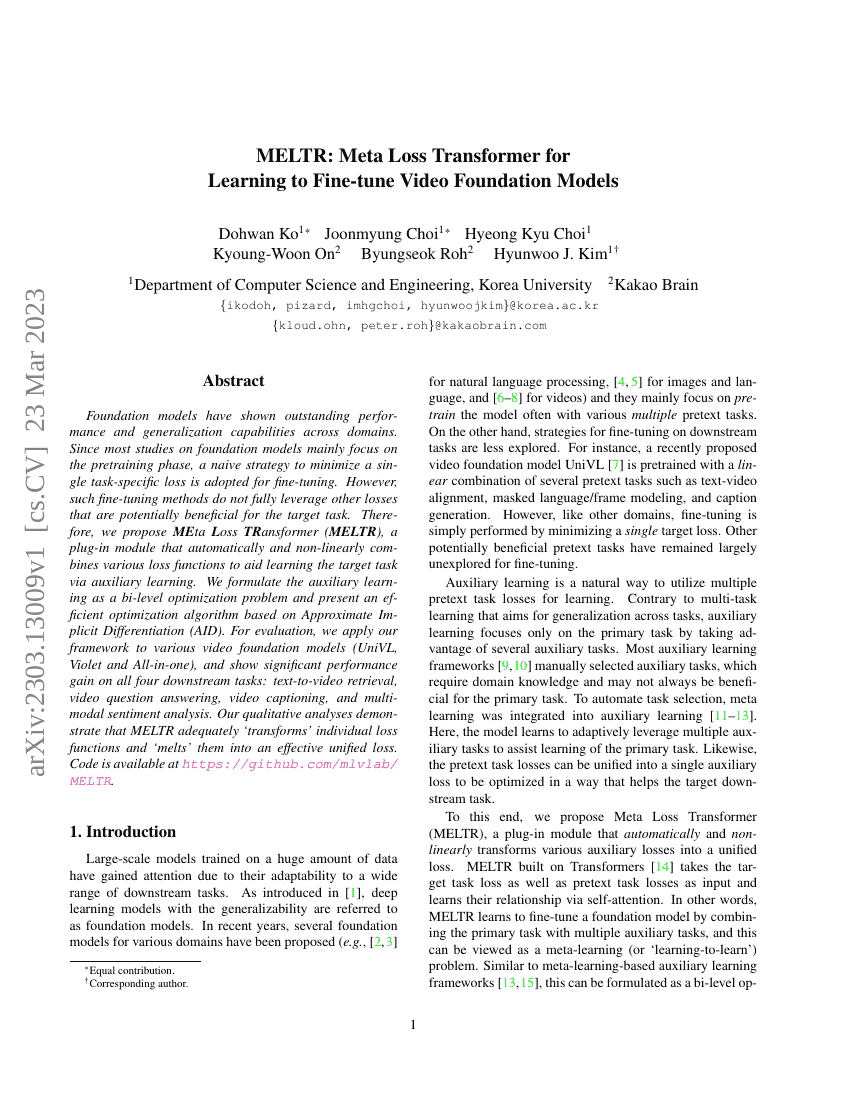 MELTR: 用于学习微调视频基础模型的元损失变换器
