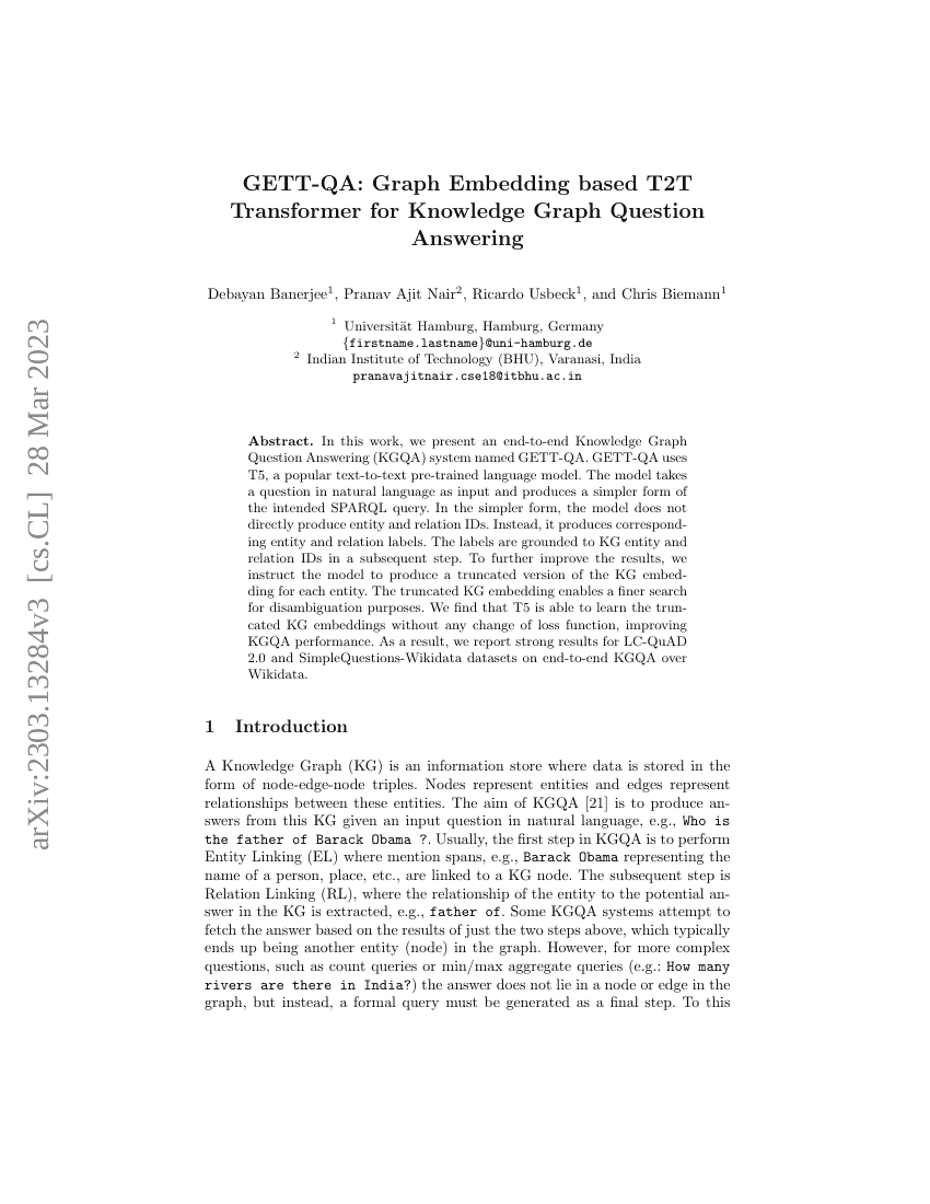 GETT-QA:基于图嵌入的T2T Transformer用于知识图谱问答