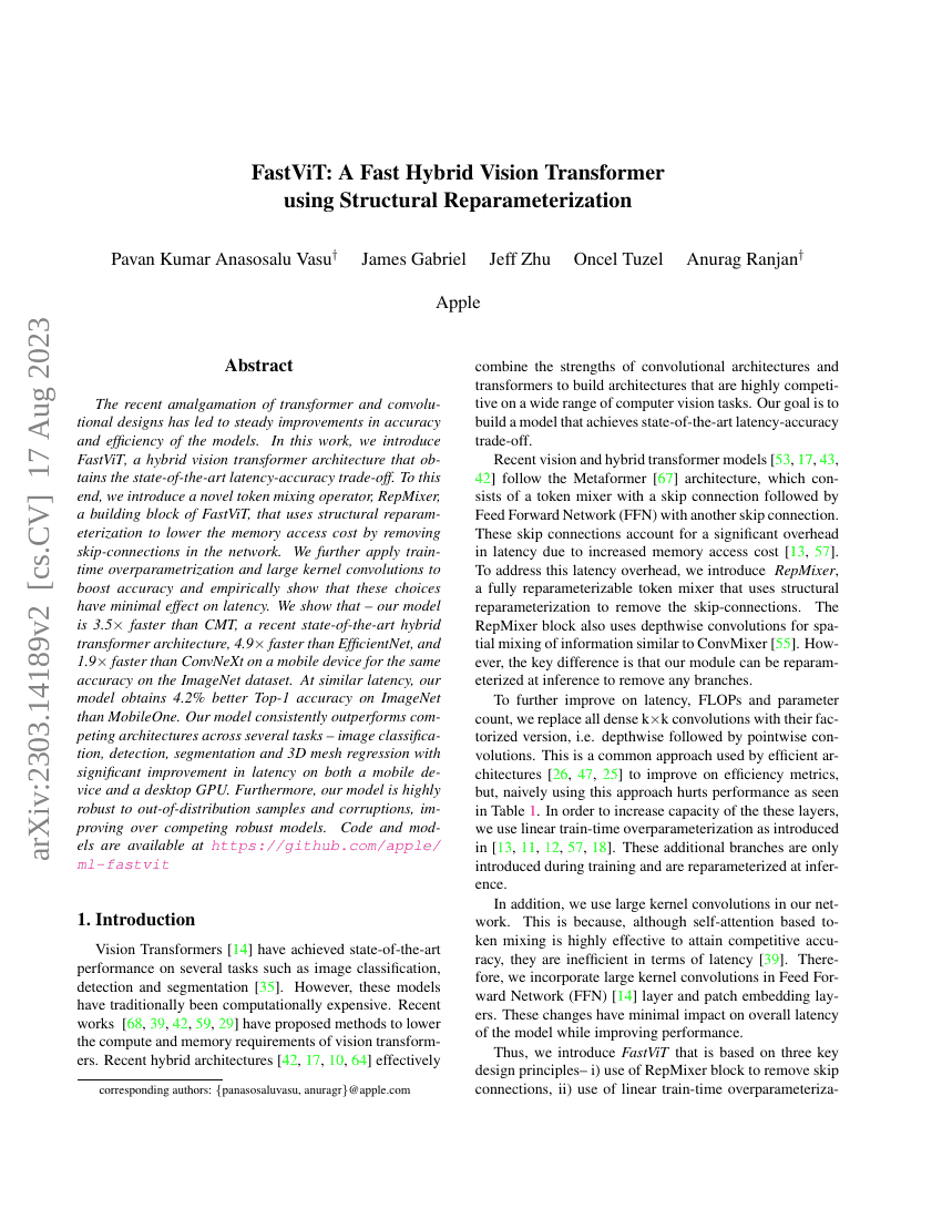 FastViT:一种基于结构重参数化的快速混合视觉Transformer