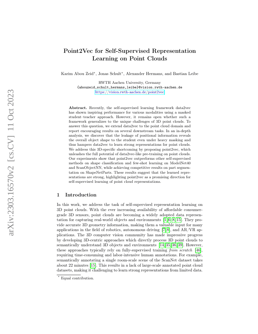 Point2Vec 用于点云的自监督表示学习