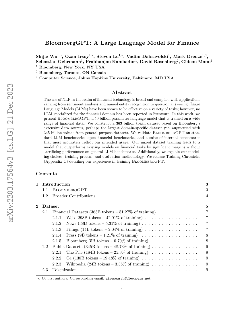 BloombergGPT:用于金融的大型语言模型