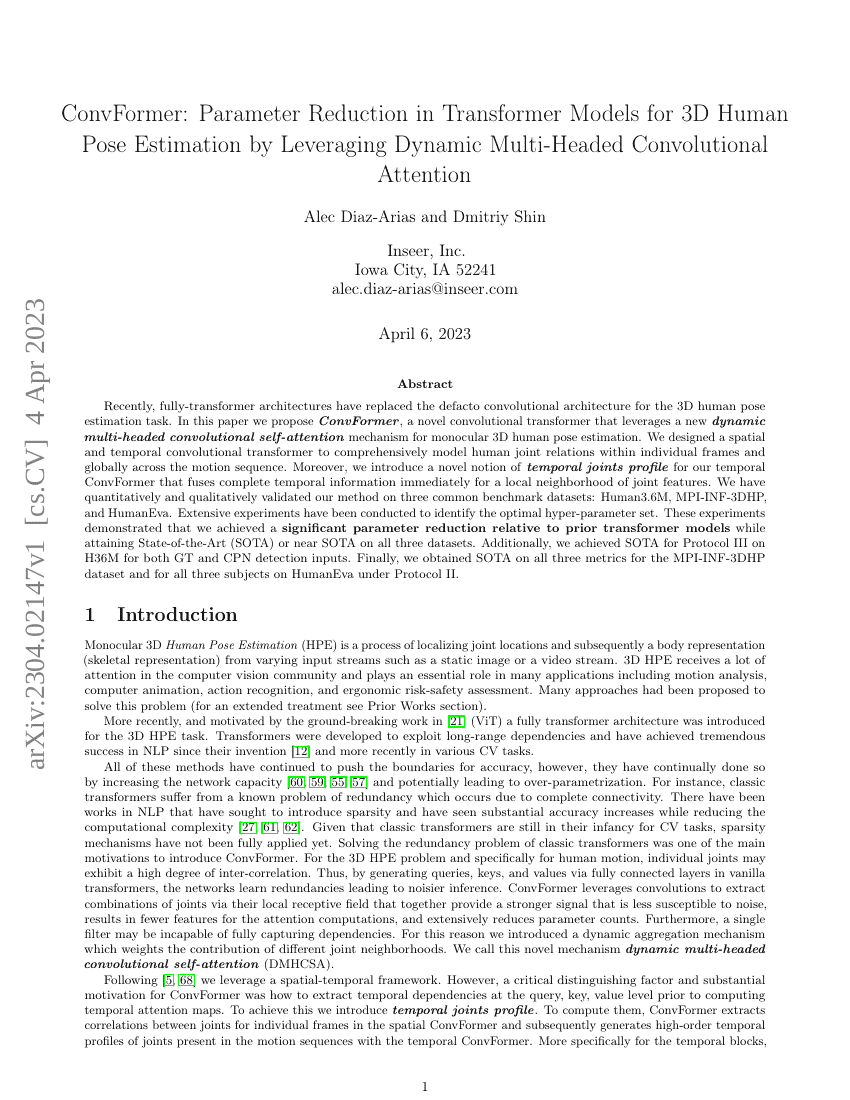 ConvFormer:通过利用动态多头卷积注意力减少Transformer模型在3D人体姿态估计中的参数量