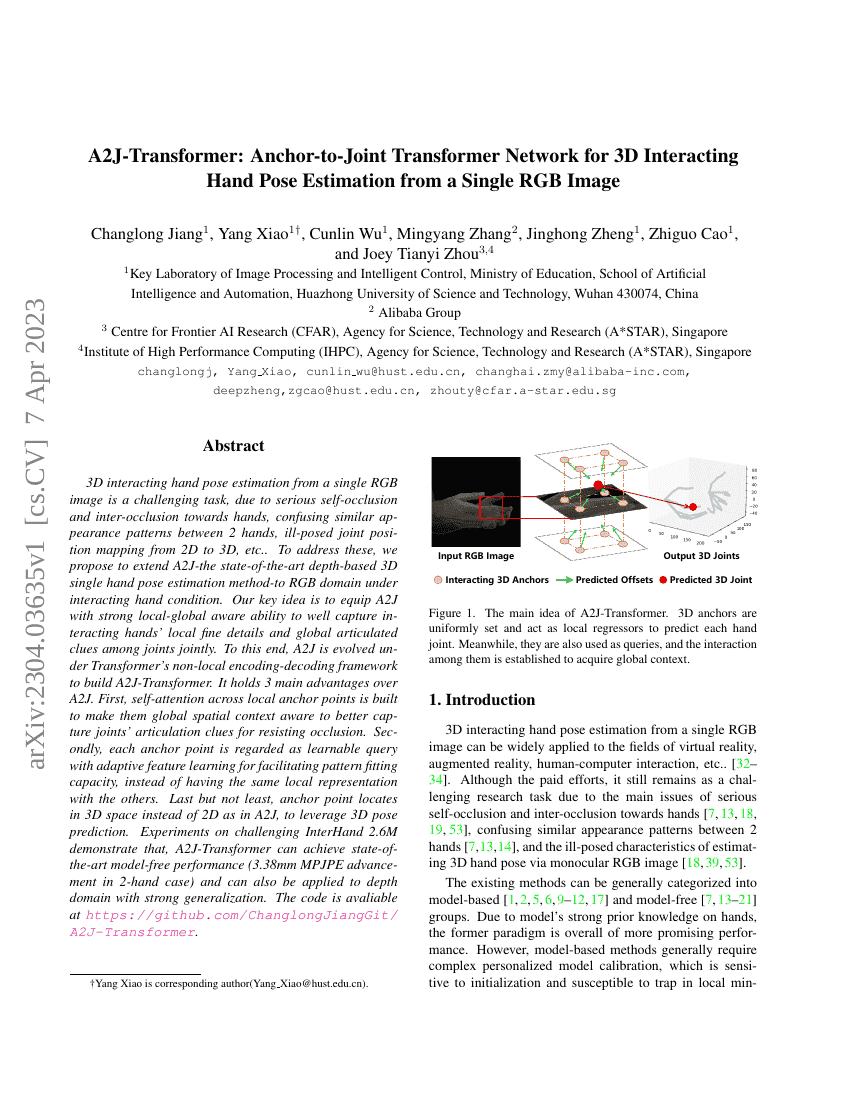 A2J-Transformer:用于从单张RGB图像进行3D交互手部姿态估计的锚点到关节Transformer网络