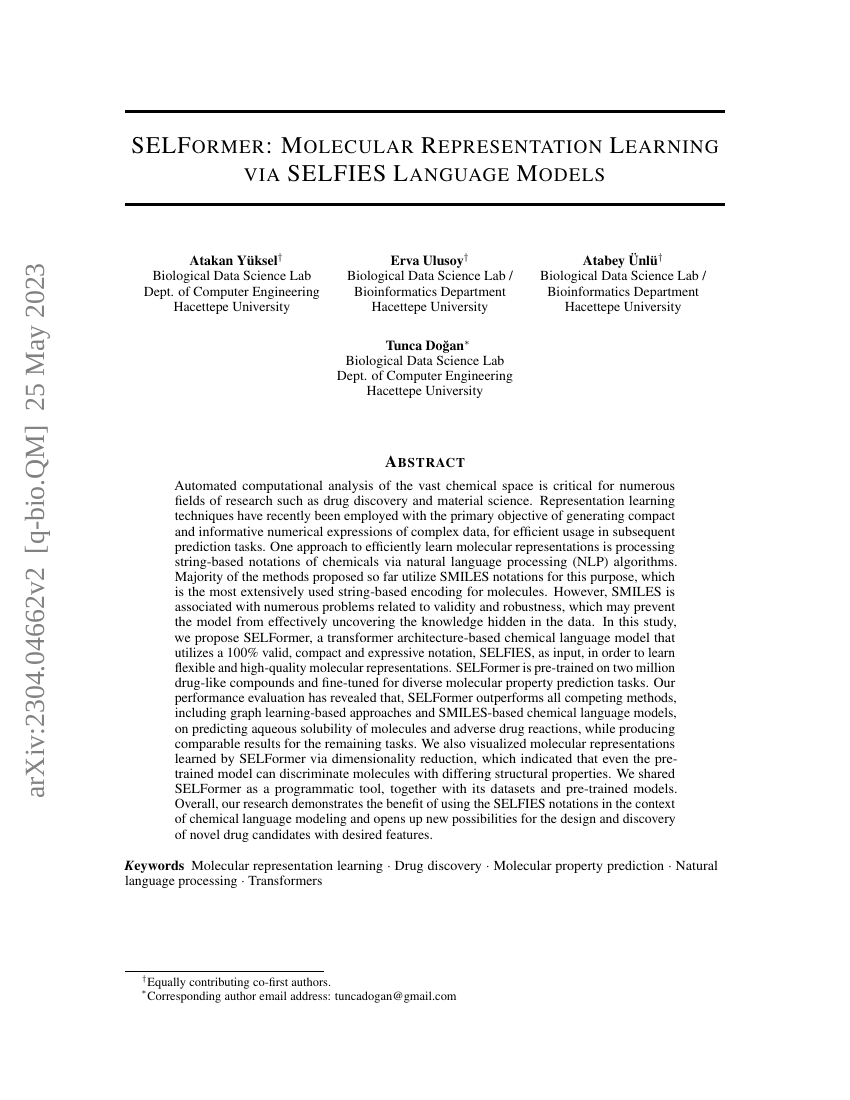SELFormer:基于SELFIES语言模型的分子表征学习