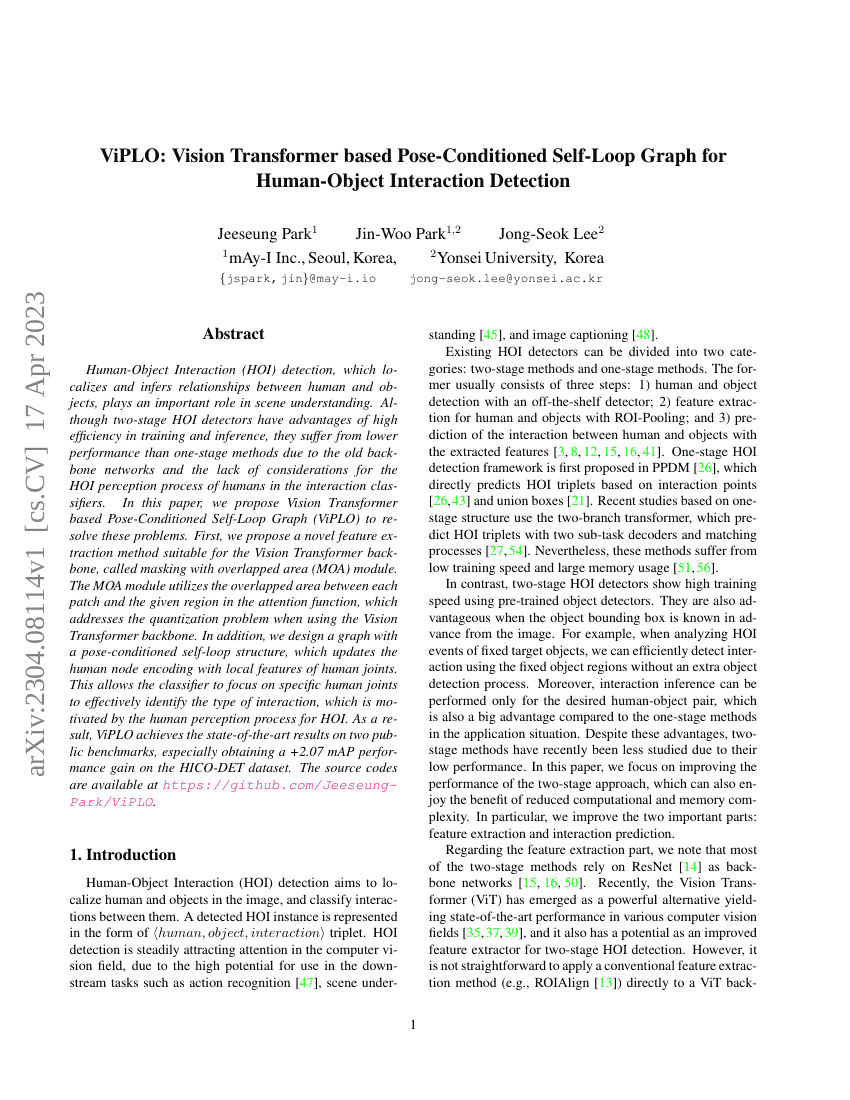 ViPLO:基于视觉Transformer的姿态条件自循环图的人-物交互检测