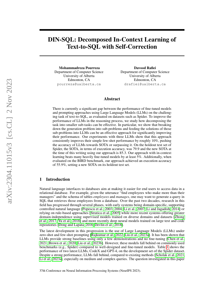 DIN-SQL:基于自校正的文本到SQL分解式上下文学习