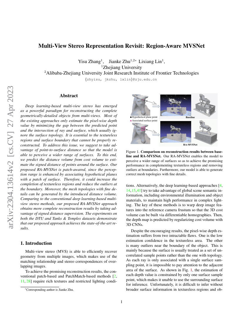 多视图立体表示重访:区域感知MVSNet