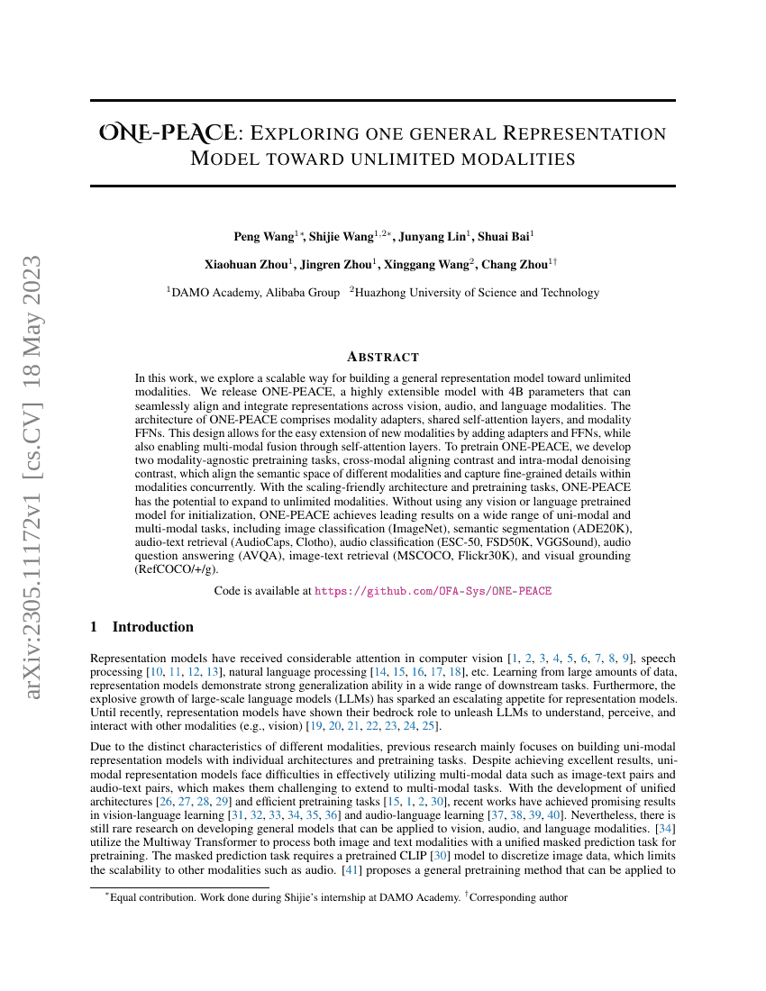 ONE-PEACE:探索面向无限模态的统一通用表征模型