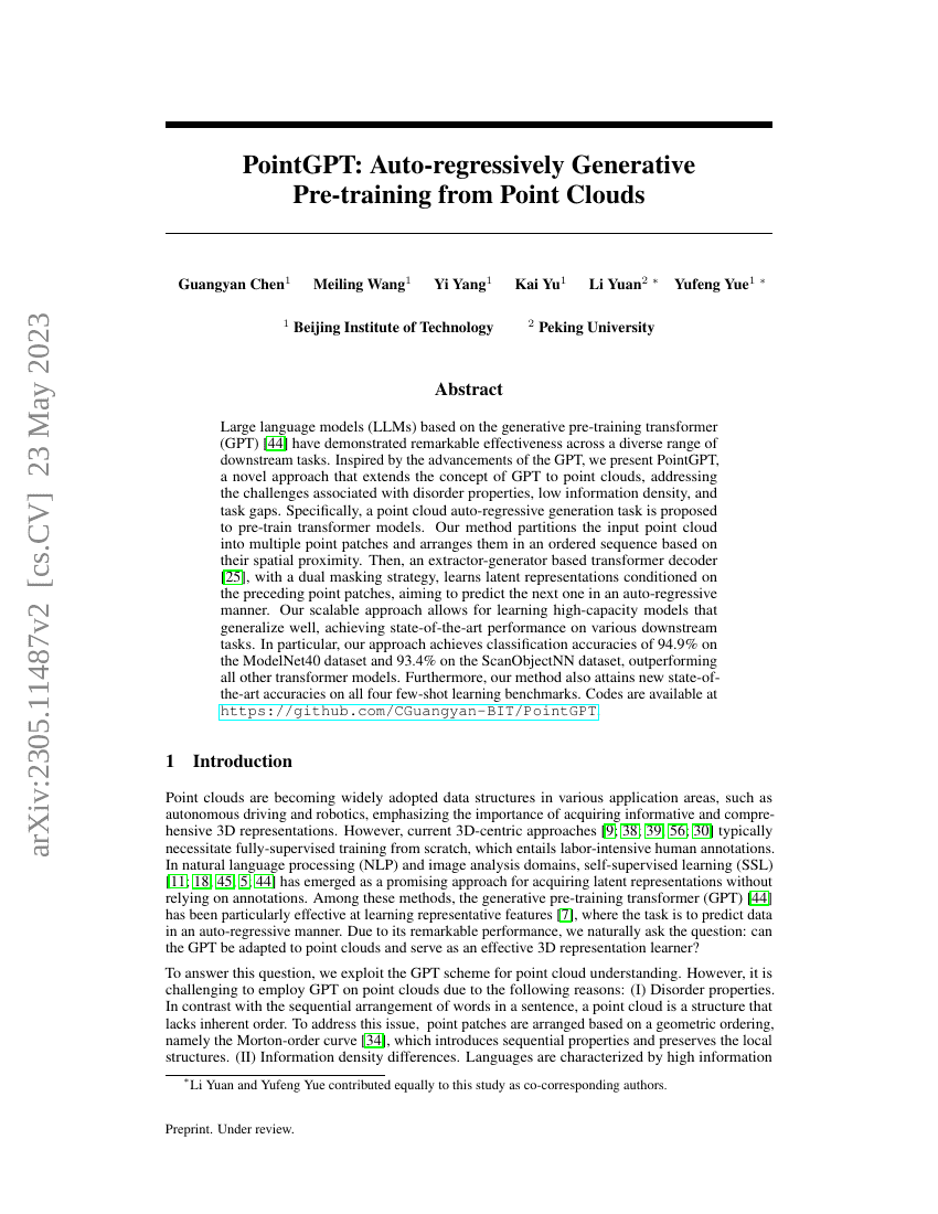 PointGPT:基于点云的自回归生成预训练模型