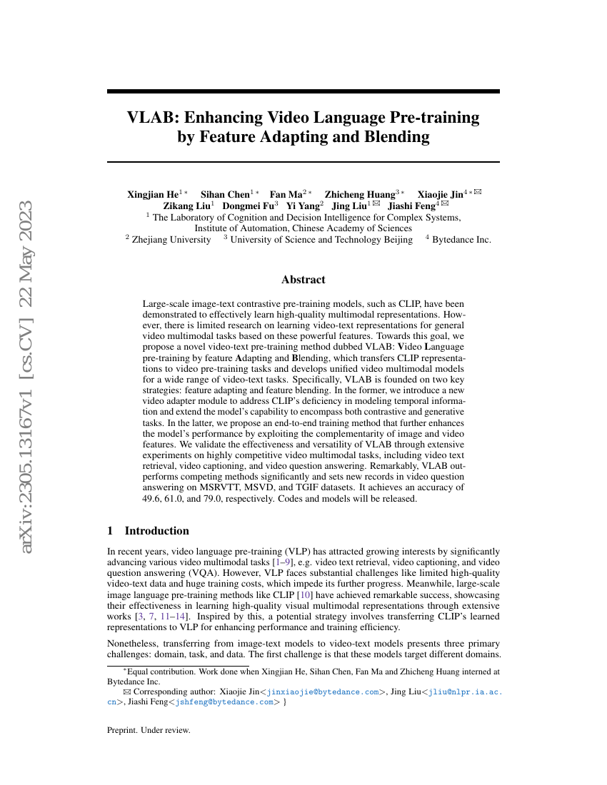 VLAB:通过特征适应和融合增强视频语言预训练