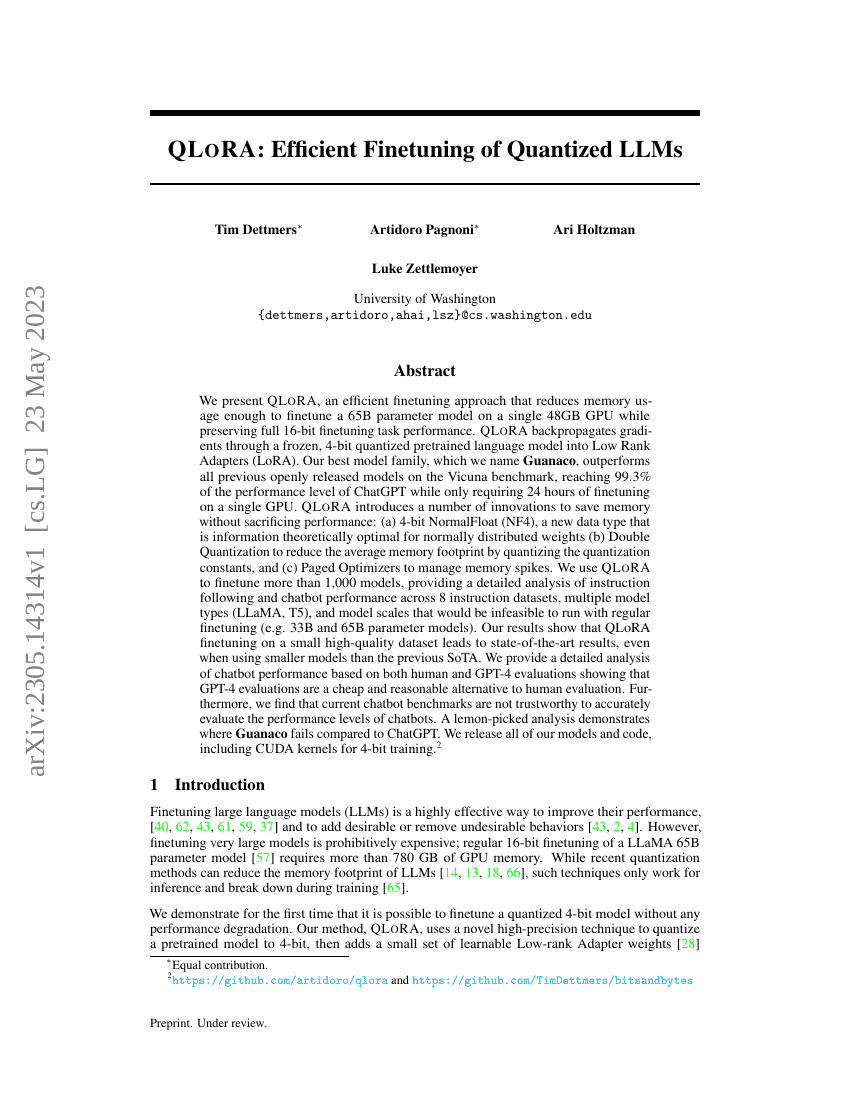 QLoRA:量化大语言模型的高效微调