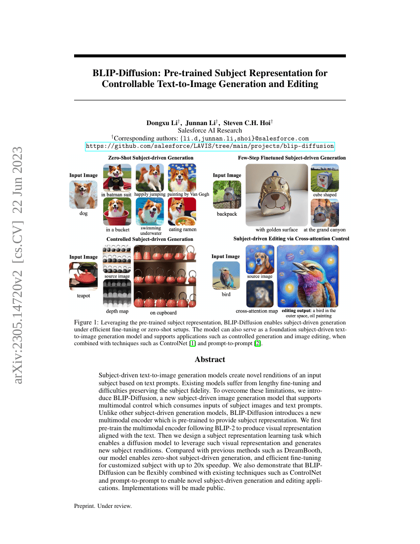 BLIP-Diffusion:可控文本到图像生成和编辑的预训练主题表示