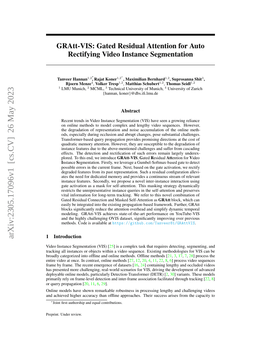 GRAtt-VIS:用于自动校正视频实例分割的门控残差注意力机制