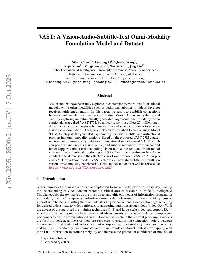 VAST:一种视觉-音频-字幕-文本全模态基础模型和数据集