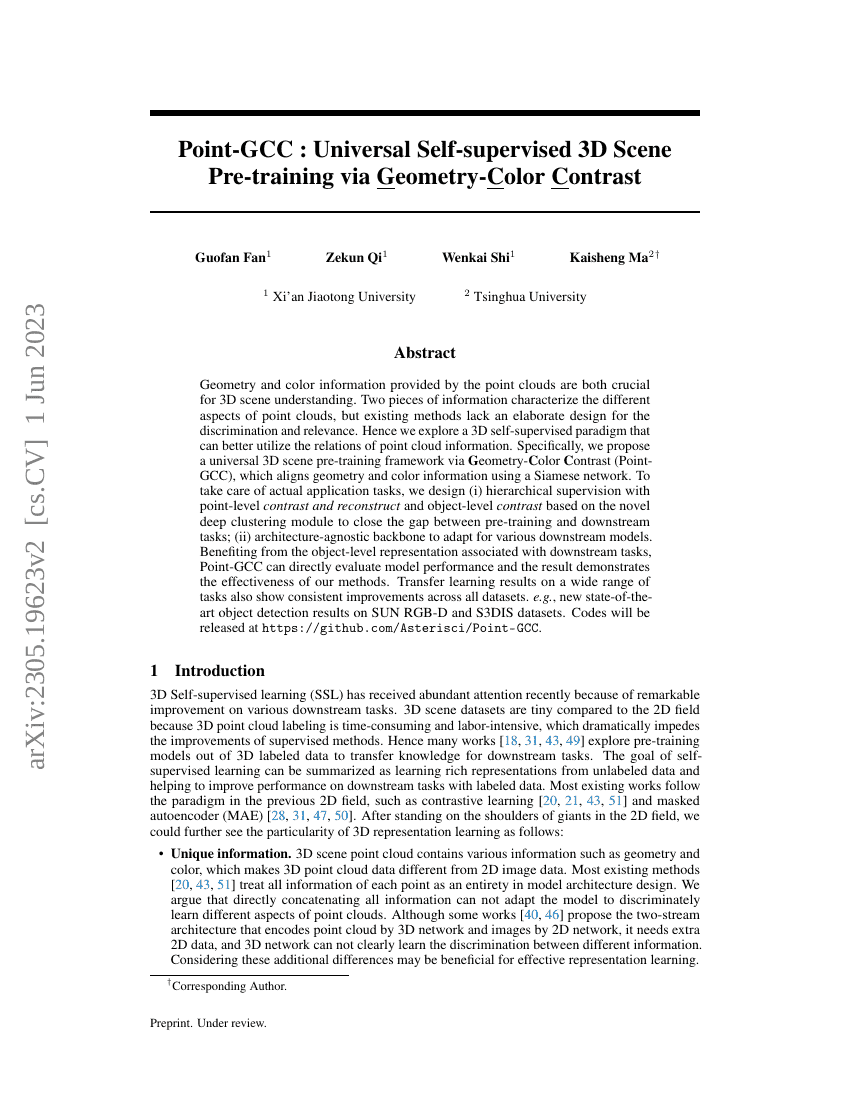 Point-GCC:通过几何-颜色对比实现通用自监督3D场景预训练