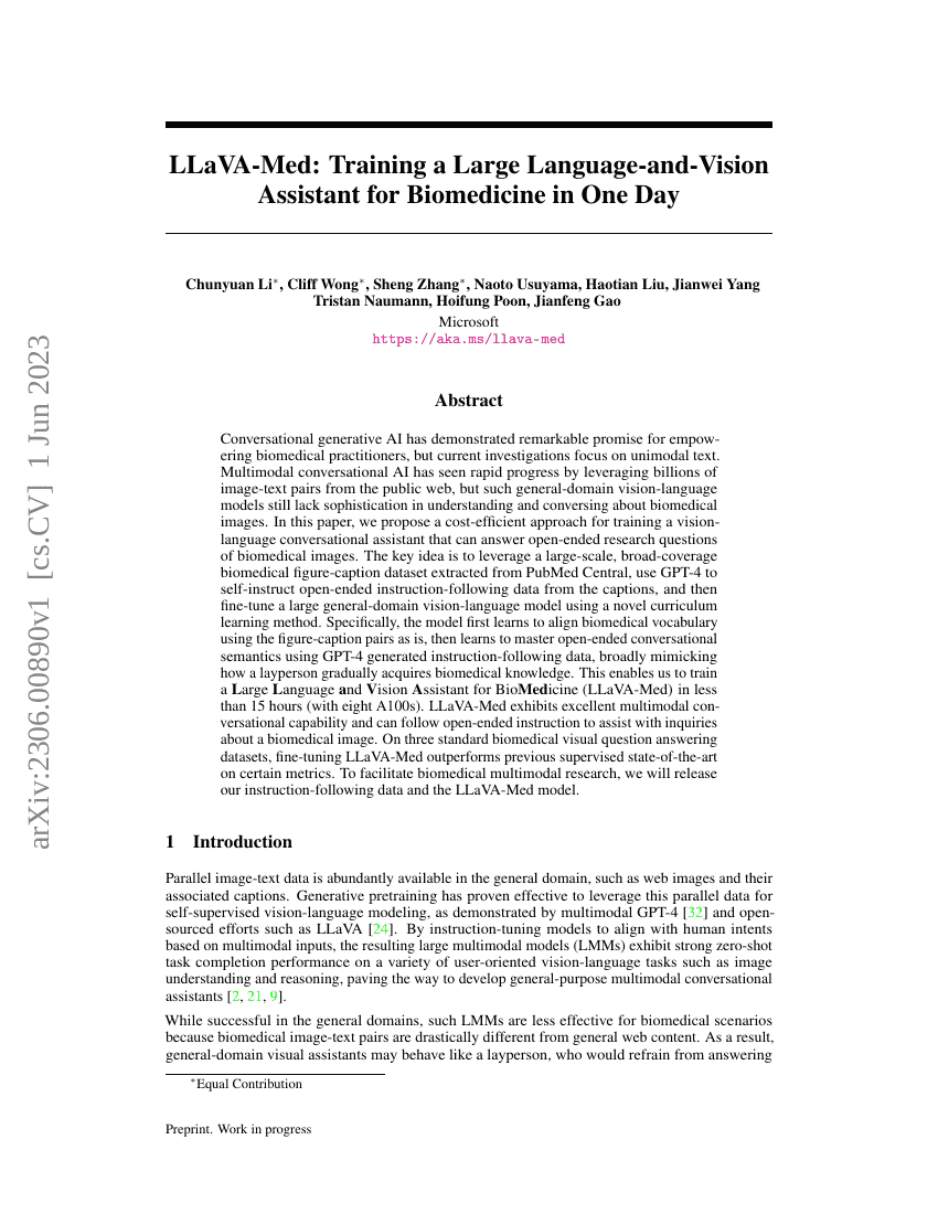 LLaVA-Med:一天内训练大型语言与视觉辅助系统以应用于生物医学
