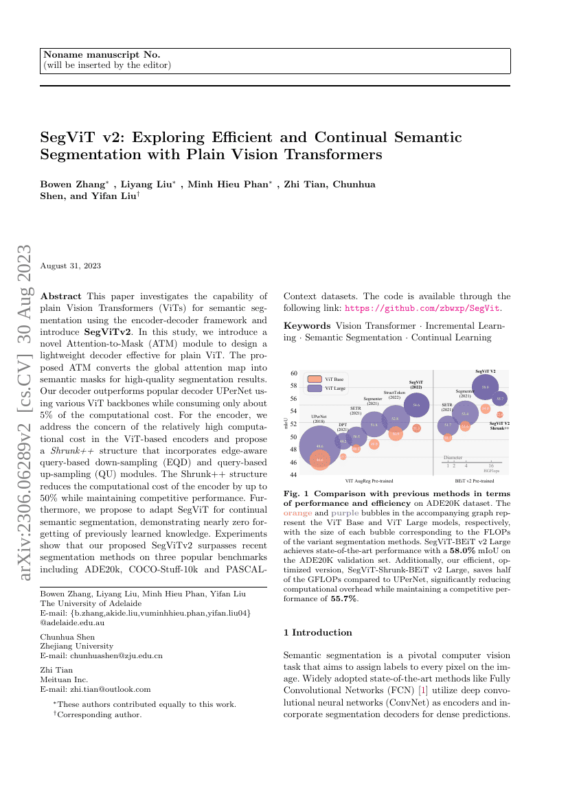 SegViTv2:探索高效且持续的语义分割方法——基于纯视觉变换器的研究