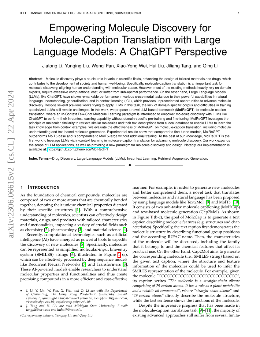 利用大型语言模型增强分子发现以实现分子-标题翻译:ChatGPT视角