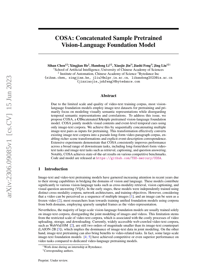 COSA:拼接样本预训练视觉-语言基础模型