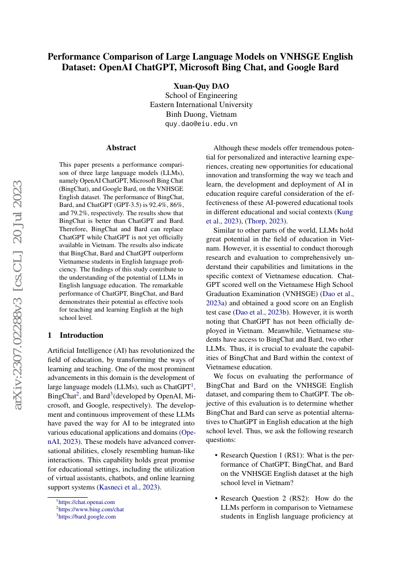大型语言模型在VNHSGE英语数据集上的性能比较:OpenAI ChatGPT、Microsoft Bing Chat与Google Bard