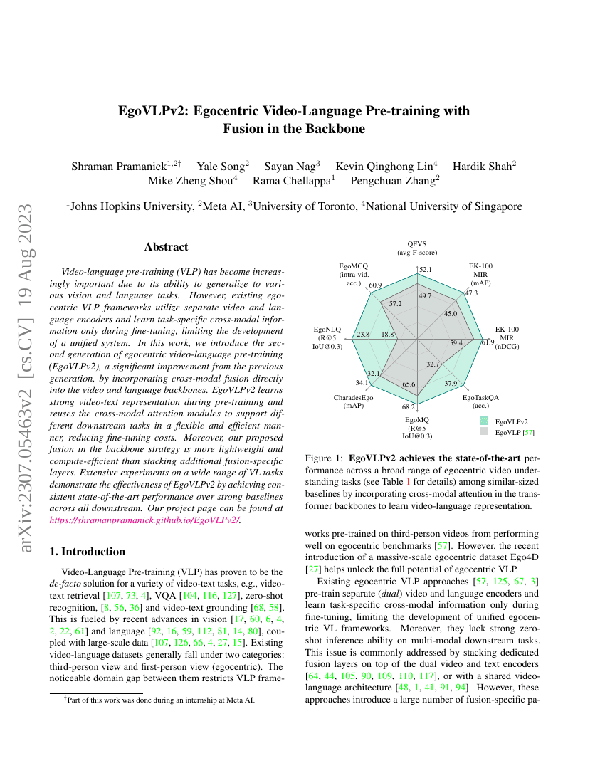 EgoVLPv2:基于主干网络中融合的自指视频-语言预训练